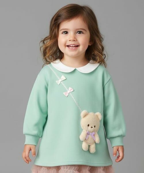 Pupil House / ピューピルハウス スウェット | 衿つきクマポシェットトレーナー（エメラルド グリーン）