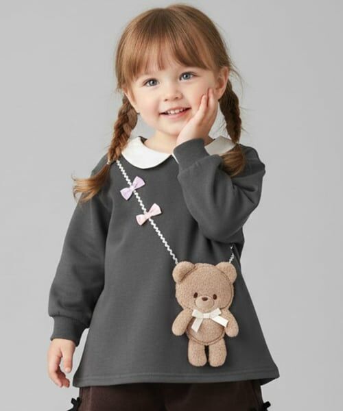Pupil House / ピューピルハウス スウェット | 衿つきクマポシェットトレーナー（チャコール）
