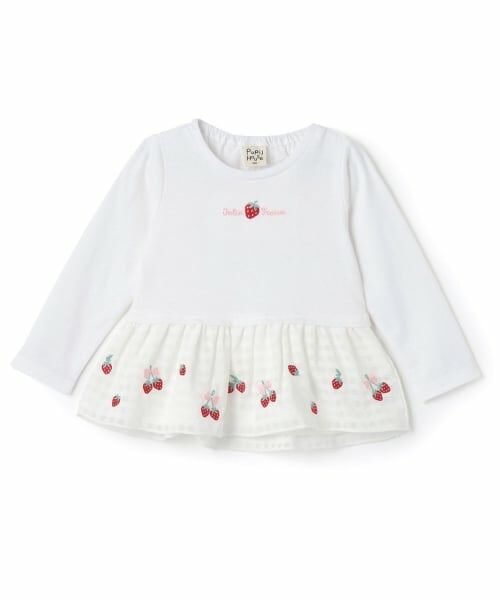 Pupil House / ピューピルハウス Tシャツ | いちご刺しゅう裾フリルTシャツ（オフ ホワイト）