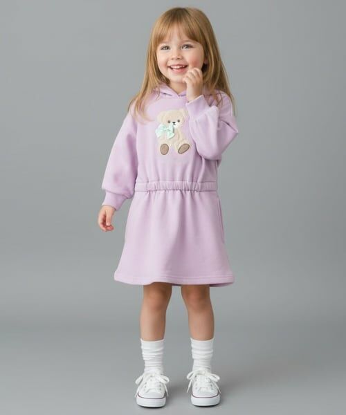 Pupil House / ピューピルハウス ミニ丈・ひざ丈ワンピース | クマアップリケワンピース（ラベンダー）
