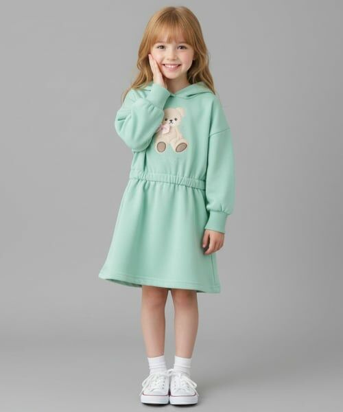 Pupil House / ピューピルハウス ミニ丈・ひざ丈ワンピース | クマアップリケワンピース（ミント）