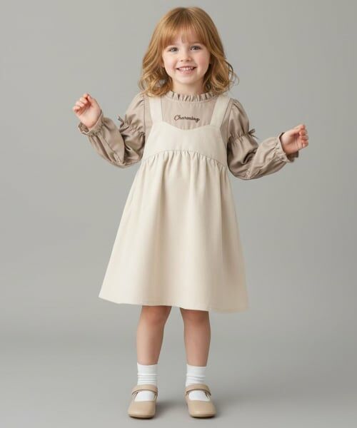 Pupil House / ピューピルハウス ミニ丈・ひざ丈ワンピース | 袖リボンジャンスカ風ドッキングワンピース（オフ ホワイト）