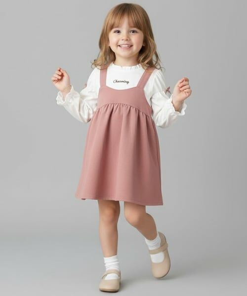 Pupil House / ピューピルハウス ミニ丈・ひざ丈ワンピース | 袖リボンジャンスカ風ドッキングワンピース（ピンク）