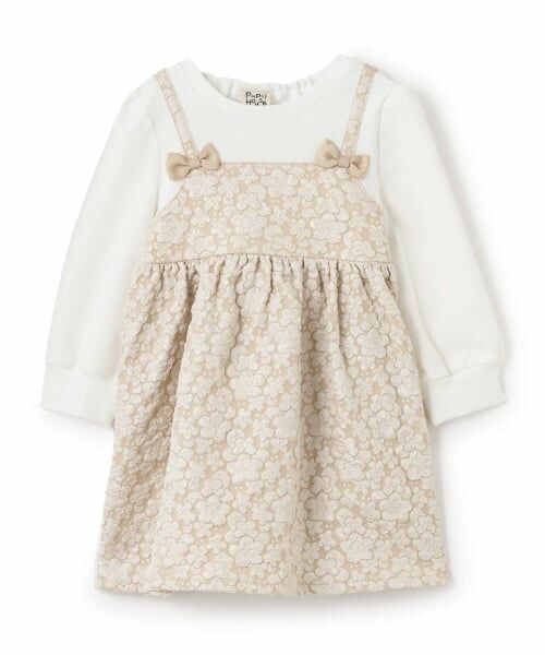Pupil House / ピューピルハウス ミニ丈・ひざ丈ワンピース | ドッキングジャガードワンピース（薄ベージュ）