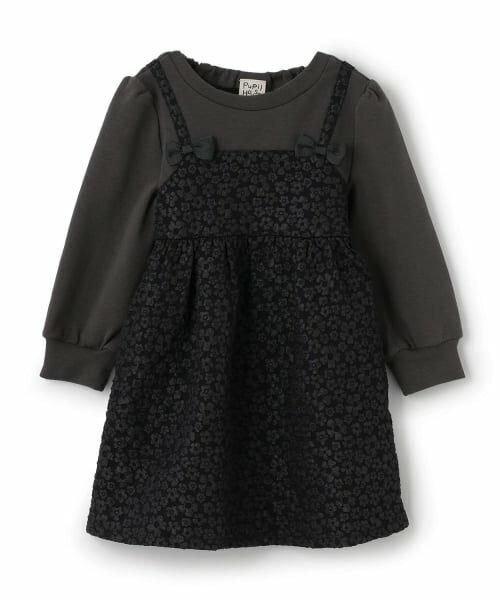 Pupil House / ピューピルハウス ミニ丈・ひざ丈ワンピース | ドッキングジャガードワンピース（黒）