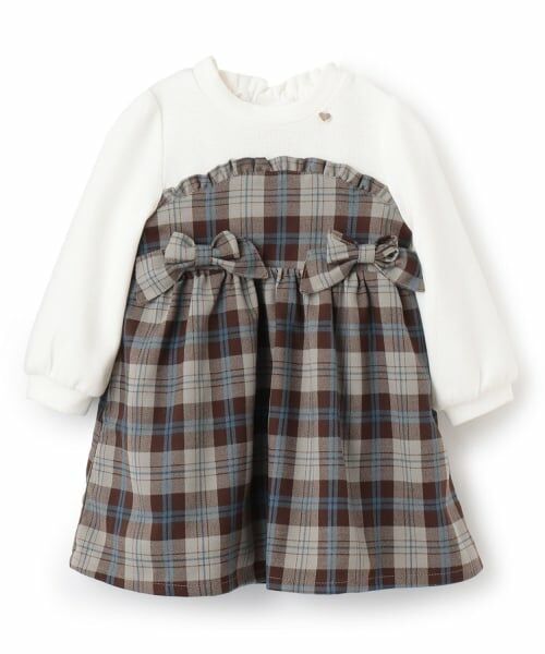 Pupil House / ピューピルハウス ミニ丈・ひざ丈ワンピース | ドッキングチェックワンピース（茶）