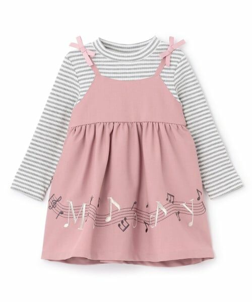 Pupil House / ピューピルハウス ミニ丈・ひざ丈ワンピース | 音符刺しゅうドッキングワンピース（ピンク）