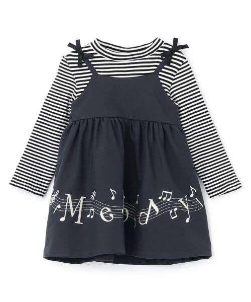 Pupil House / ピューピルハウス ミニ丈・ひざ丈ワンピース | 音符刺しゅうドッキングワンピース（黒）