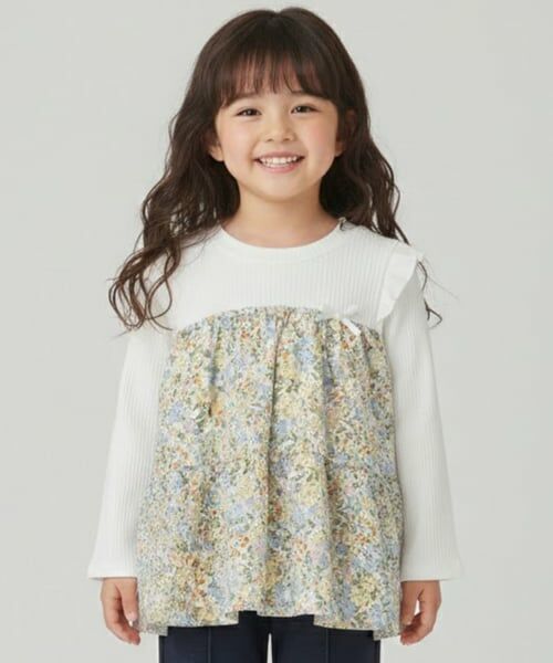 Pupil House / ピューピルハウス Tシャツ | 花柄ドッキング長袖Tシャツ（オフ ホワイト）