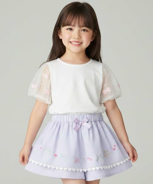 Pupil House / ピューピルハウス ショート・ハーフ・半端丈パンツ | ギンガムチェックガーリーモチーフキュロット（ラベンダー）