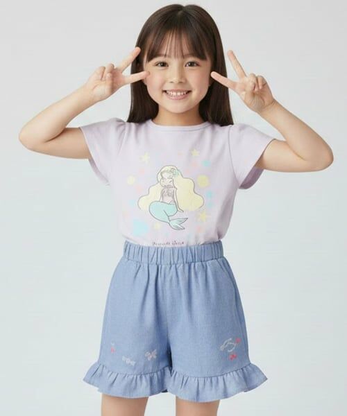 Pupil House / ピューピルハウス ショート・ハーフ・半端丈パンツ | 裾フリルさくらんぼ刺しゅうショートパンツ(ブルー)