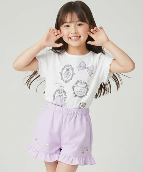 Pupil House / ピューピルハウス ショート・ハーフ・半端丈パンツ | 裾フリルさくらんぼ刺しゅうショートパンツ(ラベンダー)