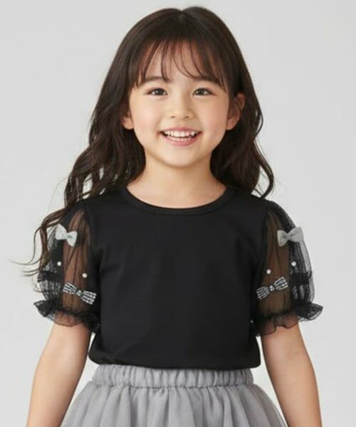 Pupil House / ピューピルハウス Tシャツ | 袖チュール半袖Tシャツ（黒）