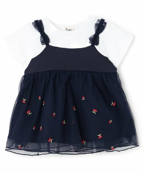 Pupil House / ピューピルハウス その他トップス | さくらんぼ刺しゅうドッキングチュニック(紺)