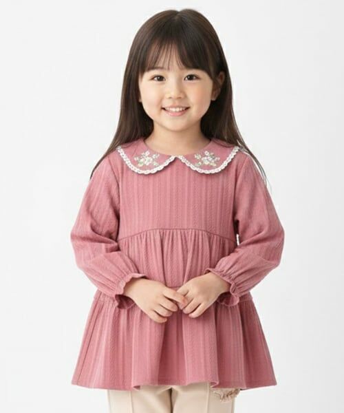 Pupil House / ピューピルハウス シャツ・ブラウス | サクラ刺しゅう衿フリルカットブラウス（ピンク）
