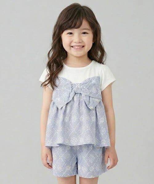 Pupil House / ピューピルハウス Tシャツ | ギンガムチェック刺しゅうレースセットアップ(サックス)