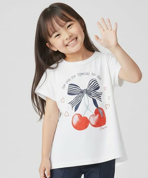 Pupil House / ピューピルハウス Tシャツ | 【990★ITEM】フロントリボン・さくらんぼモチーフTシャツ（オフ ホワイト）