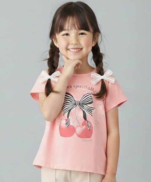 Pupil House / ピューピルハウス Tシャツ | 【990★ITEM】フロントリボン・さくらんぼモチーフTシャツ（ピンク）