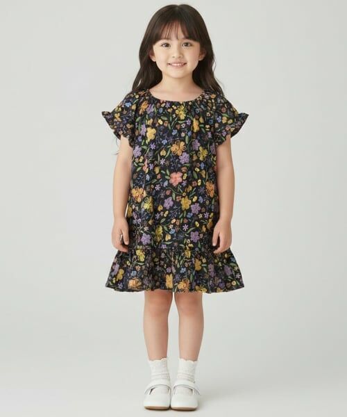 Pupil House / ピューピルハウス ミニ丈・ひざ丈ワンピース | ニュアンス花柄ワンピース（紺）