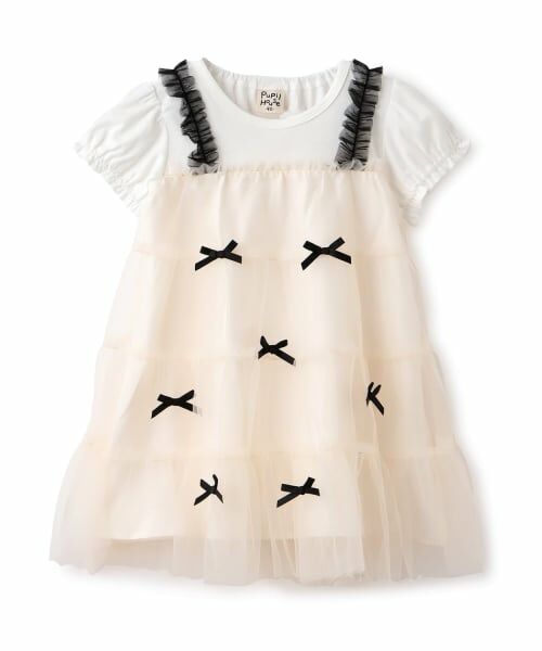 Pupil House / ピューピルハウス ミニ丈・ひざ丈ワンピース | リボンいっぱいドッキングワンピース（アイボリー）