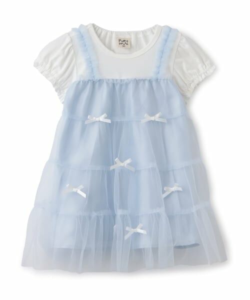 Pupil House / ピューピルハウス ミニ丈・ひざ丈ワンピース | リボンいっぱいドッキングワンピース（サックス）