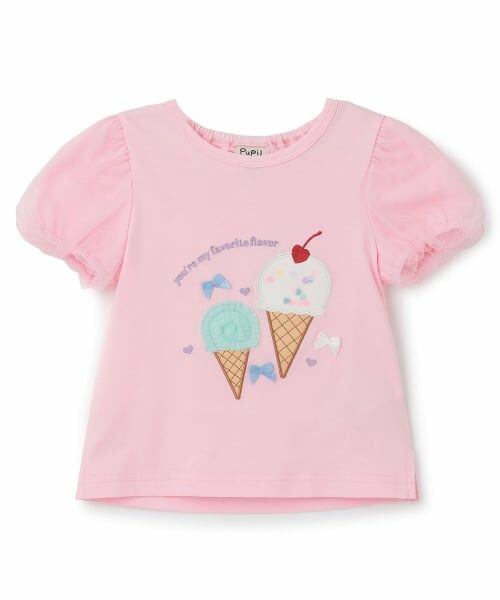 Pupil House / ピューピルハウス Tシャツ | 袖チュールアイスモチーフTシャツ（ピンク）