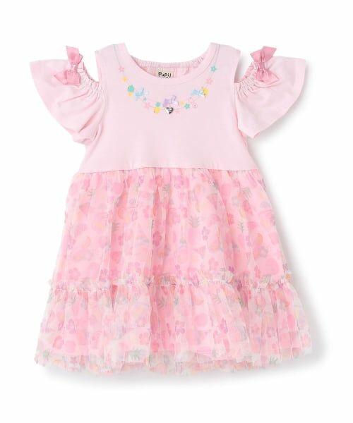 Pupil House / ピューピルハウス ミニ丈・ひざ丈ワンピース | トロピカルチュールドッキングワンピース(ピンク)