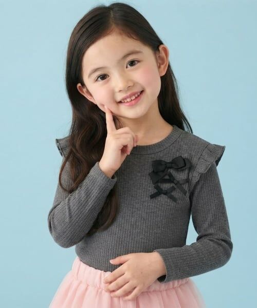 Pupil House / ピューピルハウス Tシャツ | 【デイリーに使える】フリルリボンリブ長袖Tシャツ（チャコール）
