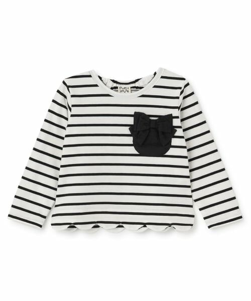 Pupil House / ピューピルハウス Tシャツ | リボンポケットスカラップボーダー長袖Tシャツ（黒）