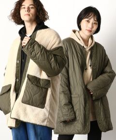 【素材】<br>ボアフリース×リップストップ<br>表生地：柔らかく保温性が高いボアフリースです。<br>裏生地：マットな表面感が特徴のリップストップです。<br><br><br>【デザイン】<br>秋冬らしい温かみのあるボリューミーなボアと、袖・パッチポケットをポリエステルキルティング素材で切り替えた異素材ミックスデザインのブルゾンです。<br>リバーシブル仕様になっており、裏側はミリタリー感のあるひょうたん型ステッチを全面に施したキルティングブルゾンのデザインです。前立てはコーデュロイを使用し秋冬らしいアクセントにしています。<br>オーバーサイズ＋ドロップショルダーでリラックス感のある雰囲気で着ていただけます。ヒップまですっぽり隠れるミドル丈でゆったりとした抜け感を楽しめるシルエットにしています。<br><br>レディースにもおすすめです。<br>レディースモデル（H164 B83 W60 H87 /着用サイズ：M)<br><br>裏地：リバーシブル<br>光沢感：無し<br>伸縮性：無し<br>生地の厚み：普通