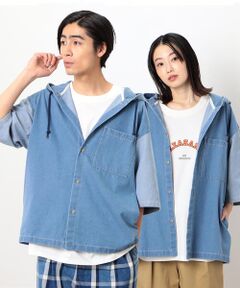 Purple&Yellow / パープルアンドイエロー シャツ・ブラウス | ライトオンスデニム 裏毛フード付き 半袖シャツ