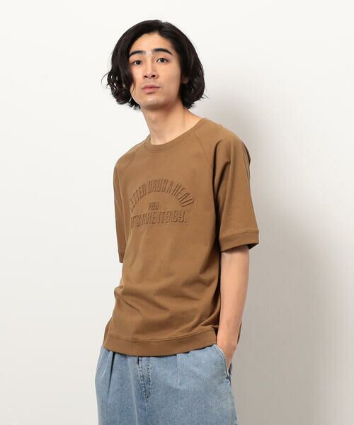 Purple & Yellow/パープルアンドイエロー メッセージエンボス半袖ラグランTシャツ ブラウン L Purple & Yellow/パープルアンドイエロー メッセージエンボス半袖ラグランTシャツ ブラウン L