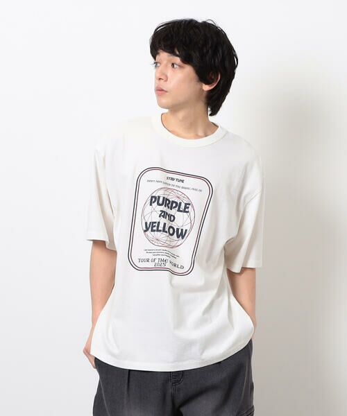Purple & Yellow/パープルアンドイエロー フロスト加工ツアー風プリント半袖Tシャツ ホワイト L Purple & Yellow/パープルアンドイエロー フロスト加工ツアー風プリント半袖Tシャツ ホワイト L