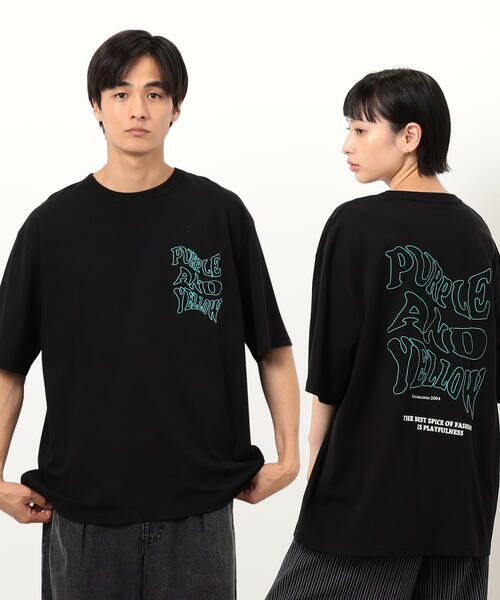 Purple & Yellow/パープルアンドイエロー バック&胸刺繍ウェーブロゴ半袖Tシャツ ブラック M Purple & Yellow/パープルアンドイエロー バック&胸刺繍ウェーブロゴ半袖Tシャツ ブラック M