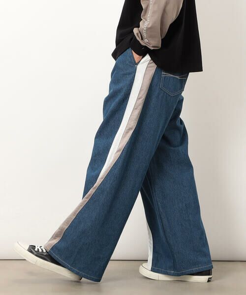 Purple&Yellow / パープルアンドイエロー デニムパンツ | デニム×サテンラインワイドバギーパンツ | 詳細12