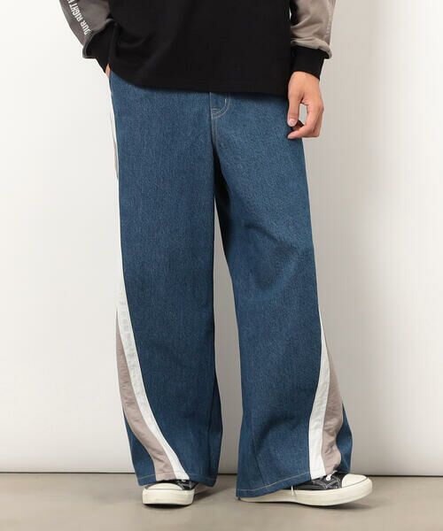 Purple&Yellow / パープルアンドイエロー デニムパンツ | デニム×サテンラインワイドバギーパンツ | 詳細13