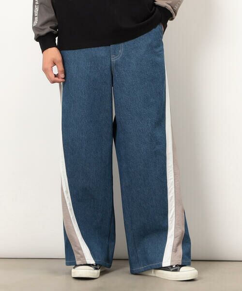 Purple&Yellow / パープルアンドイエロー デニムパンツ | デニム×サテンラインワイドバギーパンツ(インディゴ)
