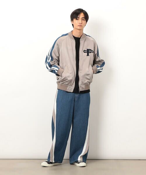 ☆US古着☆【企業 刺繍ロゴ デニム キルティングブルゾン スタジャン】メンズL ラグスタイル LUXSTYLE 袖PU配色切替メルトンスタジャン
