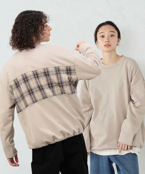 Purple&Yellow / パープルアンドイエロー カットソー | チェック切り替え プルオーバー(ベージュ)