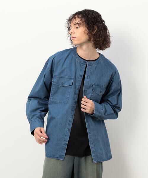 Purple&Yellow / パープルアンドイエロー シャツ・ブラウス | 硫化ツイルブリーチクルーネック ワークシャツ(ブルー)