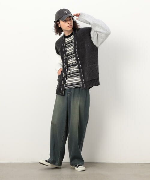 Purple&Yellow / パープルアンドイエロー Tシャツ | ランダムボーダー 長袖Tシャツ | 詳細4