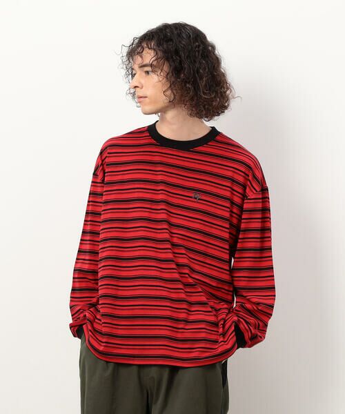 Purple&Yellow / パープルアンドイエロー Tシャツ | ランダムボーダー 長袖Tシャツ(レッド)