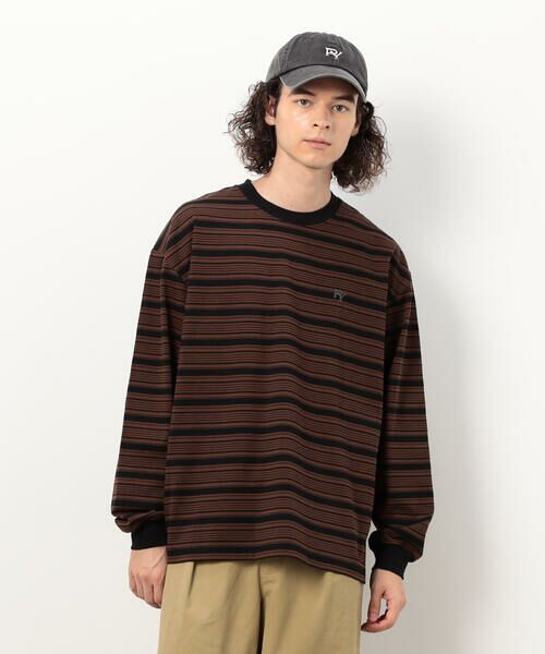 Purple & Yellow/パープルアンドイエロー ランダムボーダー 長袖Tシャツ ブラウン M Purple & Yellow/パープルアンドイエロー ランダムボーダー 長袖Tシャツ ブラウン M
