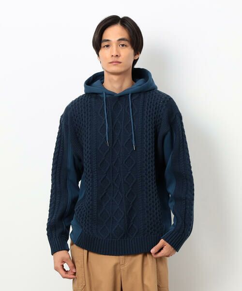 Purple&Yellow / パープルアンドイエロー ニット・セーター | ニット×裏シャギーパーカ(ブルー)