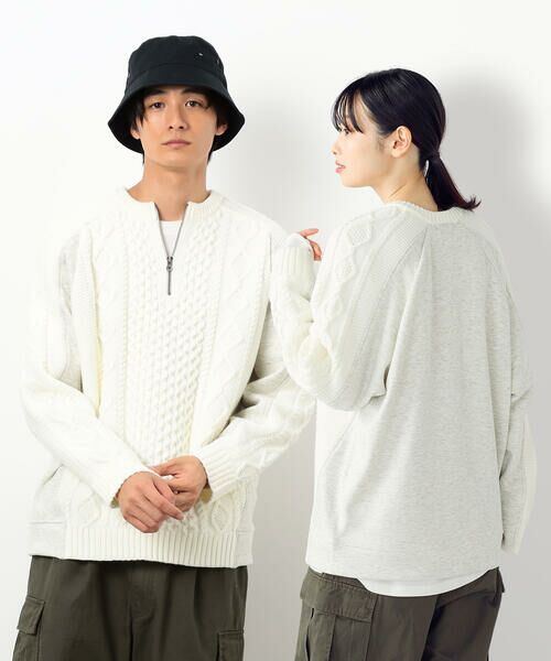 Purple&Yellow / パープルアンドイエロー ニット・セーター | ニット×裏シャギーハーフジップ(アイボリー)