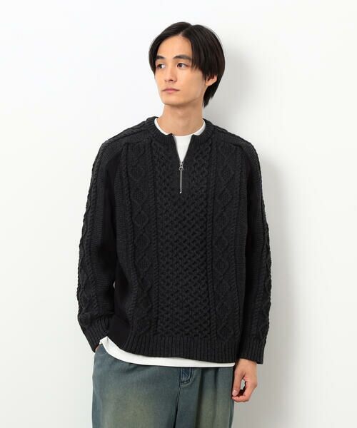 Purple&Yellow / パープルアンドイエロー ニット・セーター | ニット×裏シャギーハーフジップ(ブラック)