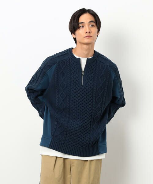 Purple&Yellow / パープルアンドイエロー ニット・セーター | ニット×裏シャギーハーフジップ(ブルー)
