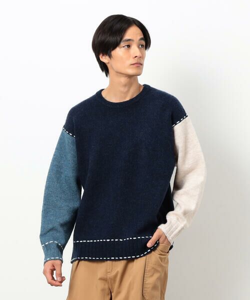 Purple&Yellow / パープルアンドイエロー ニット・セーター | ハンドステッチプルオーバー(ネイビー)