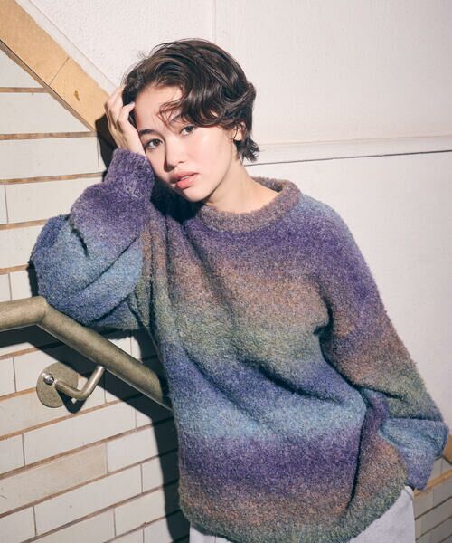 Purple&Yellow / パープルアンドイエロー ニット・セーター | グラデーションブークレプルオーバー | 詳細12