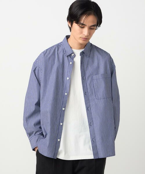 Purple&Yellow / パープルアンドイエロー シャツ・ブラウス | バック刺繍 ストライプシャツ（ネイビー）